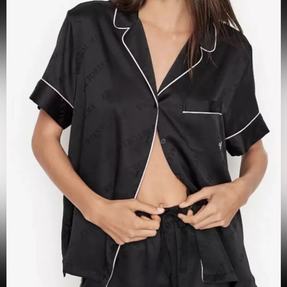 Victoria's Secret Satin Black Pink Piping Pajama Short Sleeve Top Only